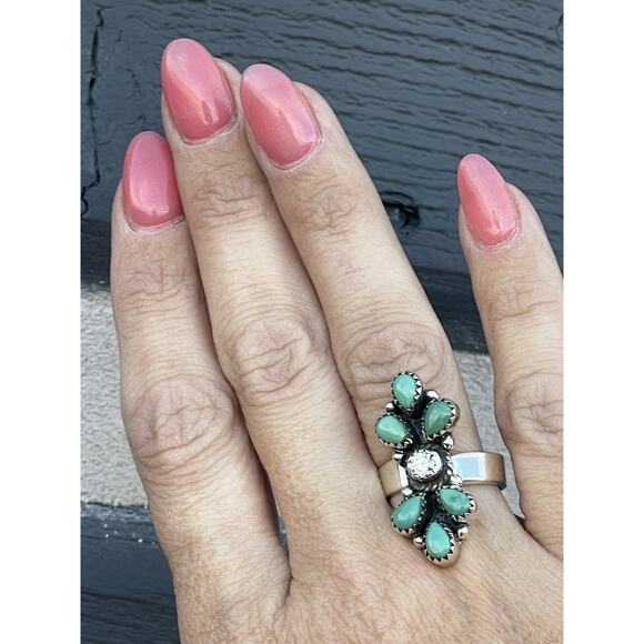 Kingman Turquoise & Moissanite Cluster Sterling Adjustable Ring-Southwest 5.5-7 - Picture 4 of 9